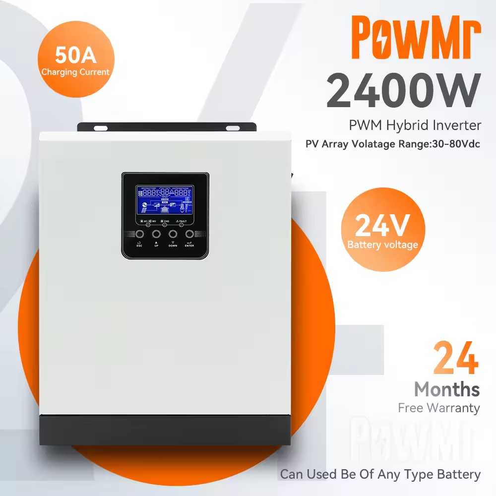 PowMr 3KW PWM Hybrid Թ220V 50A Pure Sine Wave Inverter MAX 80V PV Input HPS-3K-24V