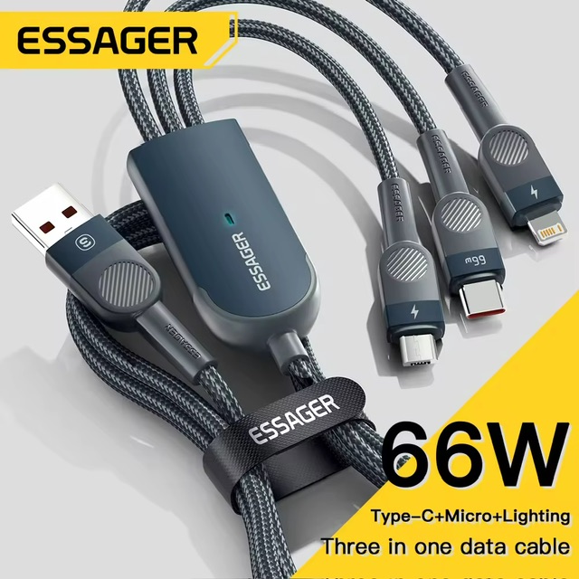 Essager 3 In 1 Fast Charging Cable 66W Multi Charging Cable For iPhone 13 12 Pro Max Charging With Lightning/usb C/micro Port Nylon Braided Data 